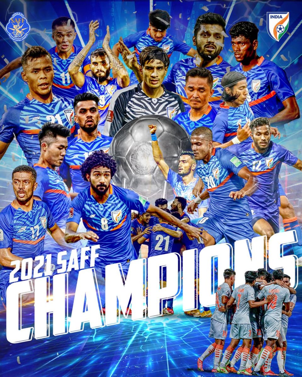 Blue Tigers Roar !! 🔥💙
Congrats Team @IndianFootball on Winning the #SAFFChampionship2021 👏🙌

@chetrisunil11 - Leader , Captain , Legend 🇮🇳

@Mohanlal #Mohanlal #IndianFootball