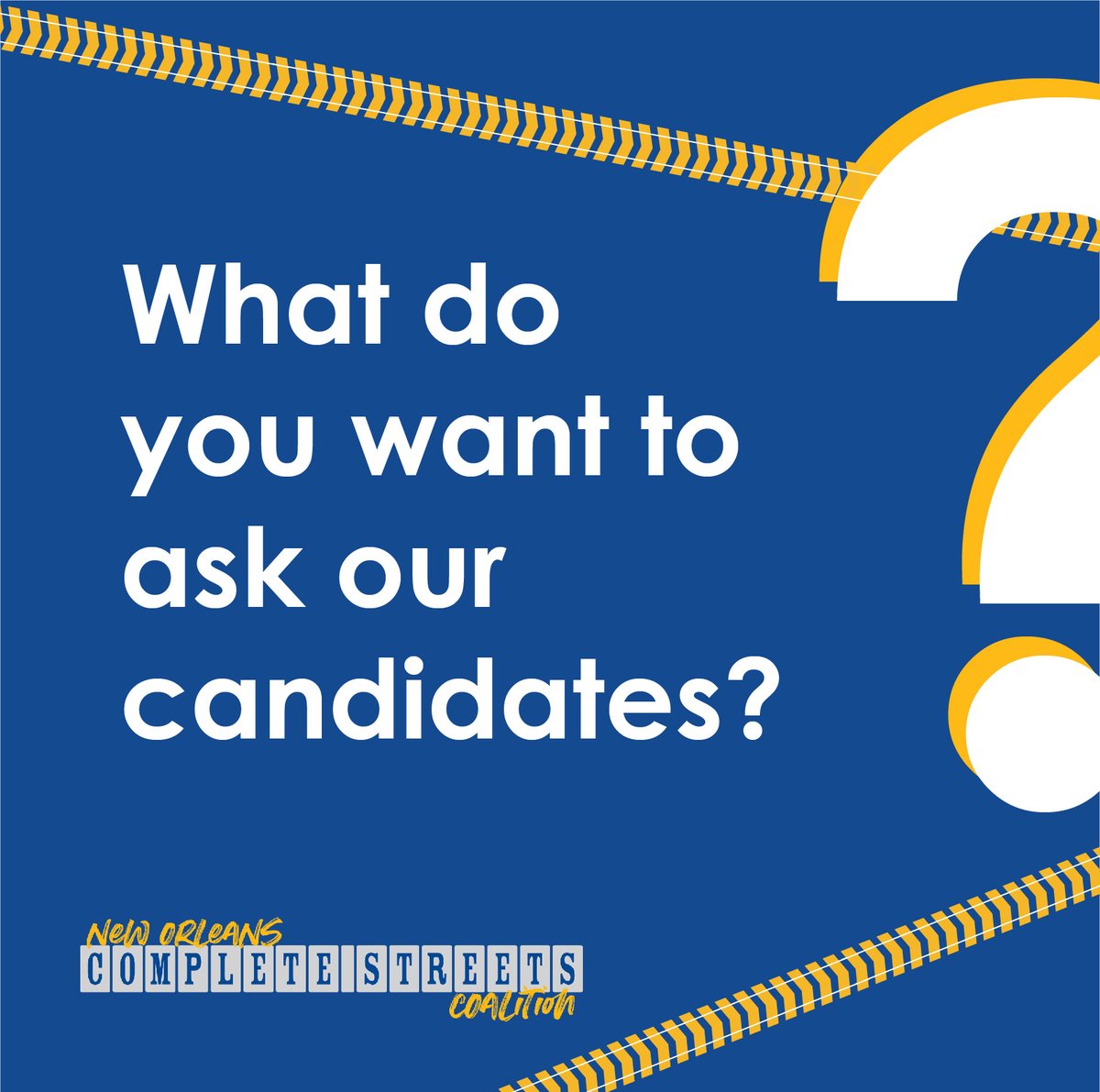 NolaComplete's tweet photo. We're asking our candidates all the big questions at the Candidate Forum on Complete Streets, Transportation &amp; Infrastructure! But we want to hear what you have to say! Register at https://t.co/TFSl2aaEoa and submit your own questions!
#nolaelection #nolacompletestreets https://t.co/jzSDm6ipGo