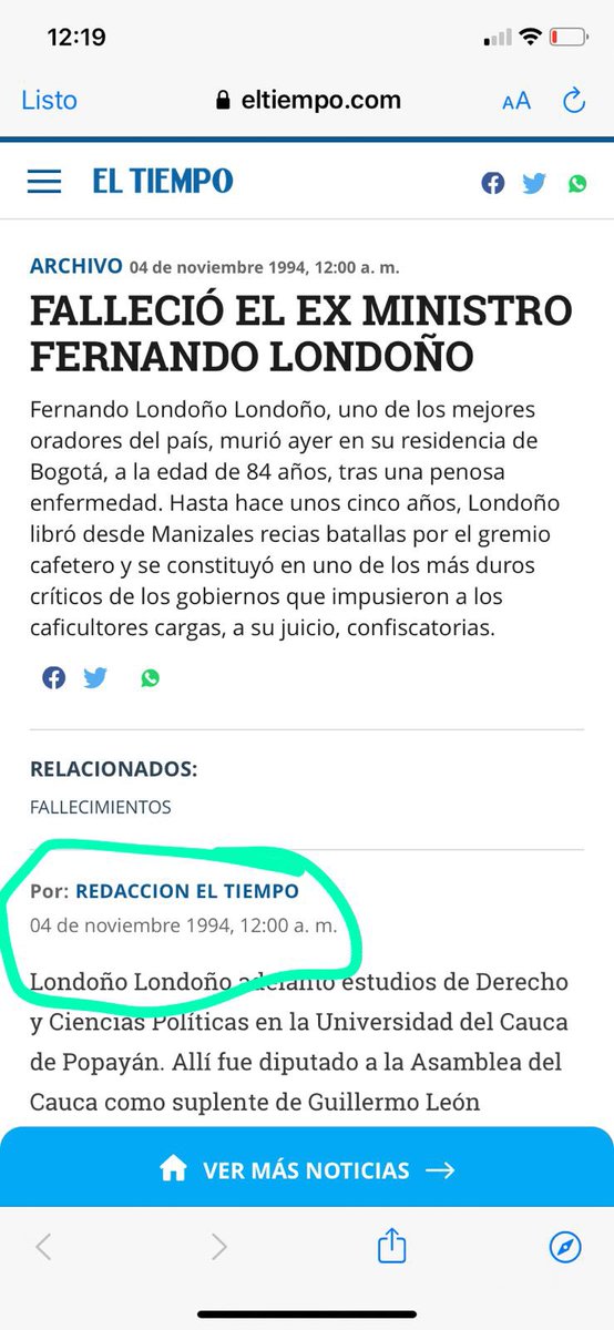 Para los que andan divulgando la #FakeNews de que el ex ministro Fernando Londoño ha fallecido les cuento que: la noticia corresponde a la muerte de su padre en 1994 y que el ex ministro Londoño se encuentra bien de salud, a Dios gracias.