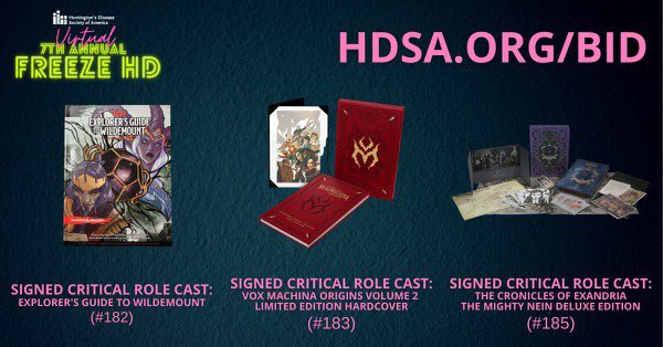 LauraBaileyVO's tweet photo. Hey #critters!!! Tonight, Oct 16th 9PM EST 6PM PST you can take part in an auction benefiting @hdsa and help #FreezeHD

The cast of #CriticalRole signed three items: numbers 182 , 183 , 185

How to take part in the auction: 
https://t.co/Geoi69tzJa and find the item number! https://t.co/wDolS1JRVk