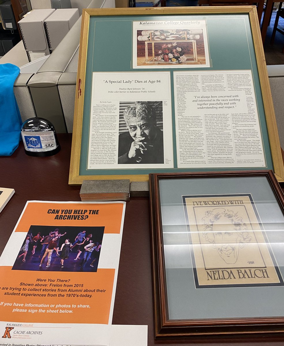 kcollege's tweet photo. The Kalamazoo College Archives, in the #KCollege library, opened displays of past yearbooks, issues of the Index, athletic uniforms and more as a part of #KHomecoming. https://t.co/bmM7WNJTCE