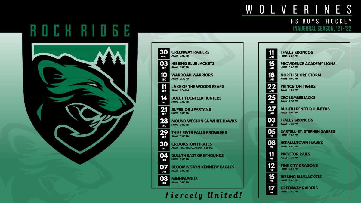 '21-'22 schedule for the inaugural season of Rock Ridge Wolverines Boys' HS Hockey.