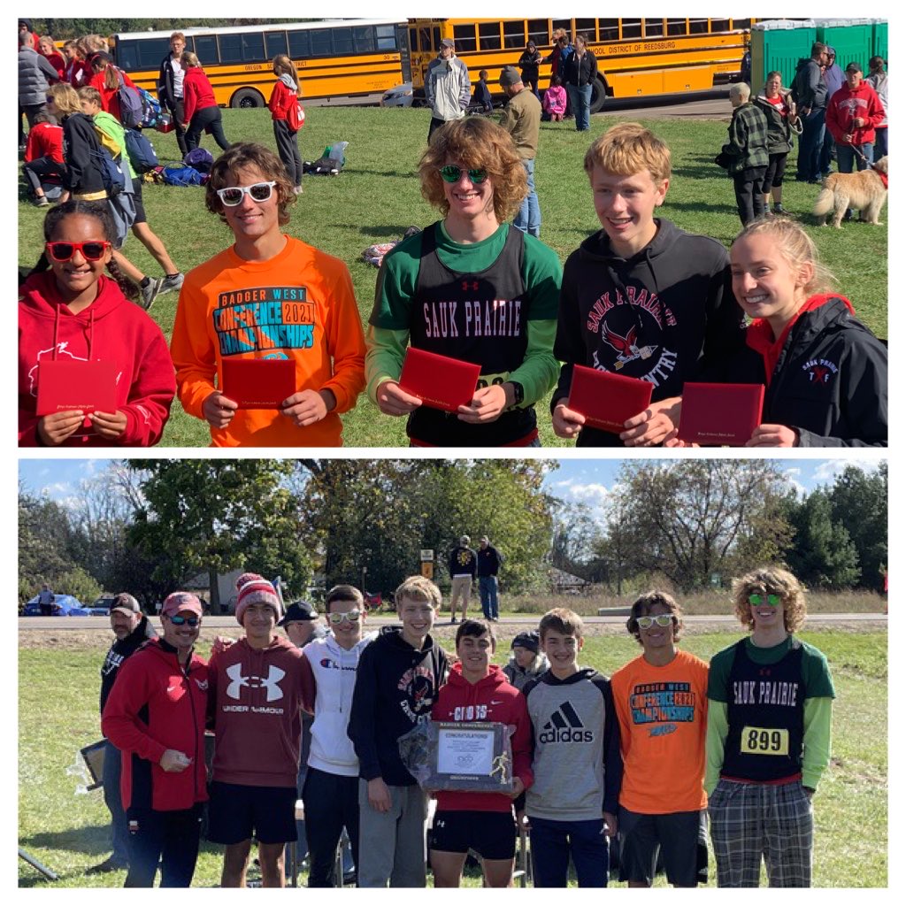 SaukprairieXC's tweet photo. The Sauk Prairie Boys are the Badger West Conference Champions! All conference honors to Jack Boerger overall champion, 1st team, Dalton 1st team (3rd), Ritchie Wolff 2nd team (14th), CJ Gregg 1st team (3rd) with another school record and Natalie Curtis 2nd team (14th) https://t.co/VhOCBVinQ8