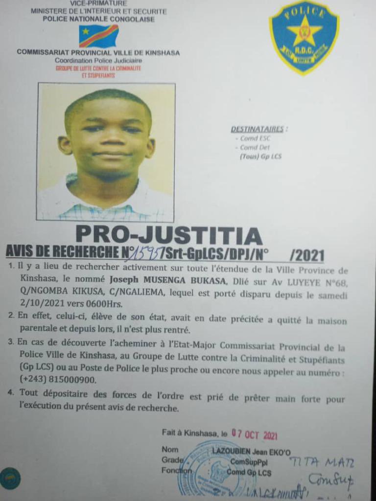 🚨 Retweetons tous | Avis de recherche : Notre fils, votre fils Joseph Bukasa Musenga  est porté disparu depuis le samedi 02/10/2021 à 06h. Élève de son état, il été sorti de la maison pour aller à l'école depuis lors, il n'est plus rentré.