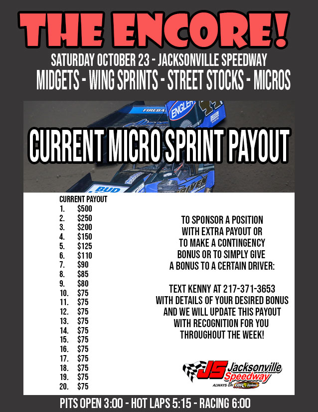 Next Saturday Oct 23rd <a href="/jaxspeedway/">Jacksonville Speedwa</a> it's The Encore featuring the <a href="/dirtvision/">DIRTVision</a> Midget Series Championship paying $5,000 to win with $2,500 Wing Sprints, $500 Micros and $500 Street Stocks.  And more bonuses to come throughout the week!
#BSSB