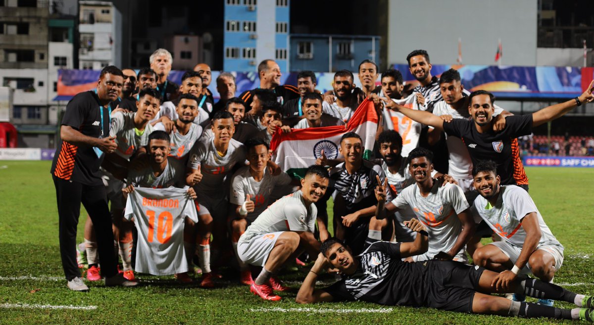Congratulations #IndianFootball team for winning the #SAFFChampionships for the 8th time..🥰 Some young players played their ❤out.. Now,our aim should be to qualify 'back to back' #AsianQualifiers main round at @afcasiancup 2023. PS : Who's next after #SunilChhetri ???🤔🇮🇳⚽️