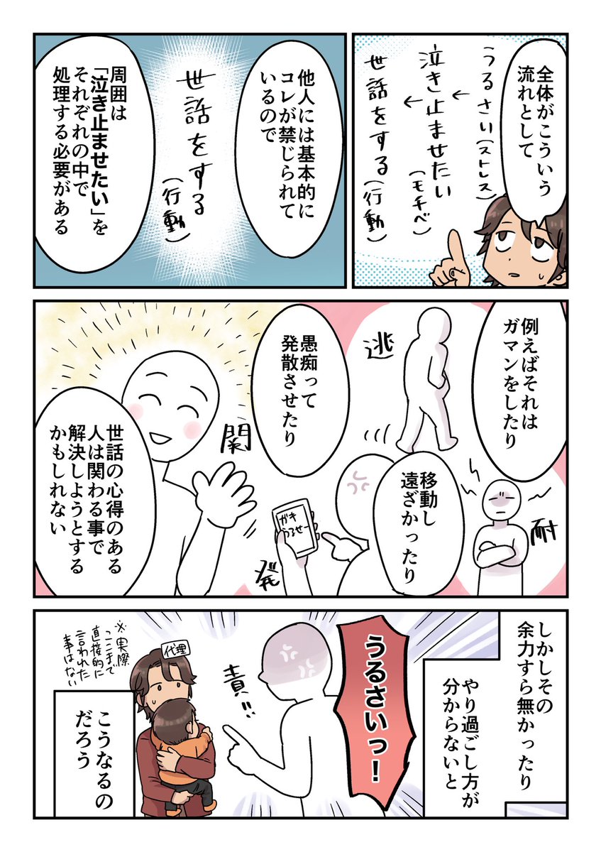 育児漫画。赤ちゃんの泣き声ってそのうるささを肯定的に受け入れなきゃいけないみたいな空気がある気がしたので、確かにうるせーよねって話を子が赤ちゃんだった当時の事を思い出しながら描きました。

#漫画が読めるハッシュタグ  #育児漫画 