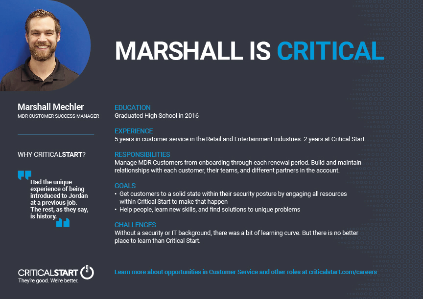 CRITICALSTART's tweet photo. We Are Hiring! Meet Marshall from the Customer Success team and learn what he likes about working at Critical Start!
https://t.co/APc4z8GoEE
#csmjobs #customersucessjobs #criticalcrew #cyberjobs https://t.co/FCO6ATAmUE