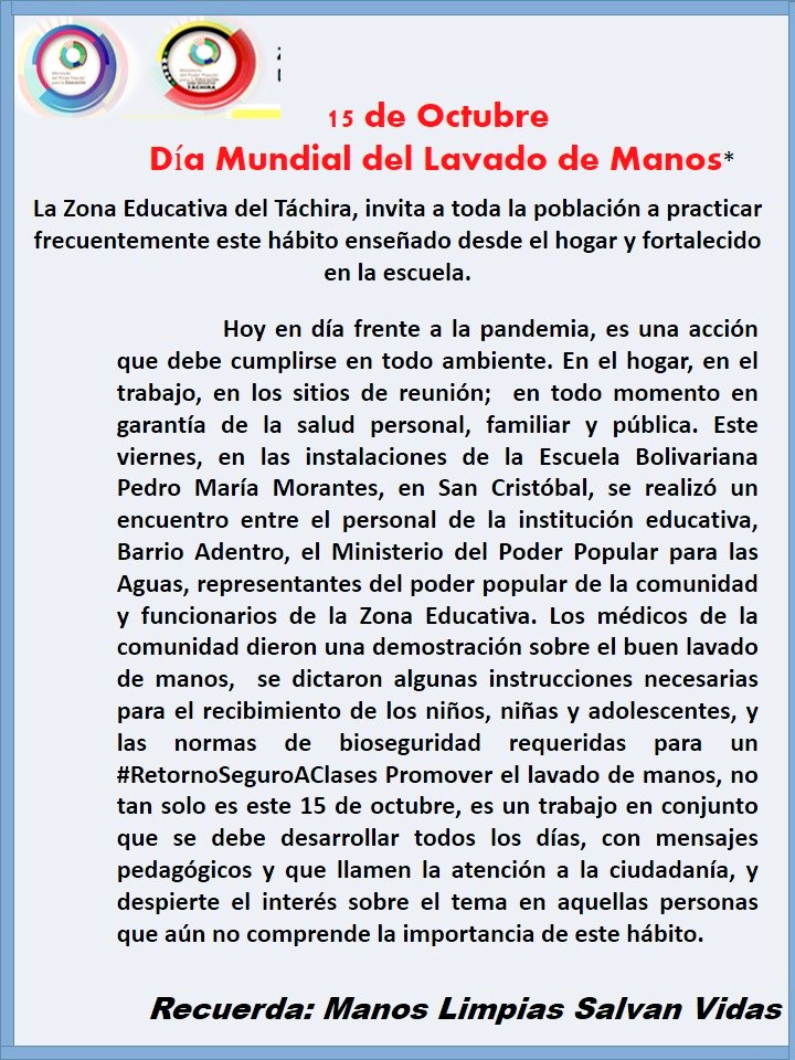 E.B. María Albertina Rosales y E.B. Mesas del Palenque @MPPEDUCACION <a href="/Danielcustodio3/">Daniel Custodio</a> <a href="/charlychaves/">Charly Rojas Chaves</a> @ZonaEducTachira <a href="/Crazet2011/">Crazet2011</a> <a href="/CRAJAUREGUI2/">CRAJAUREGUI</a> #16Oct El Municipio #Jáuregui Estado #Táchira les recordamos #LavadoDeManos evita enfermedades como #COVID19
#DiaMundialDelLavadoDeManos