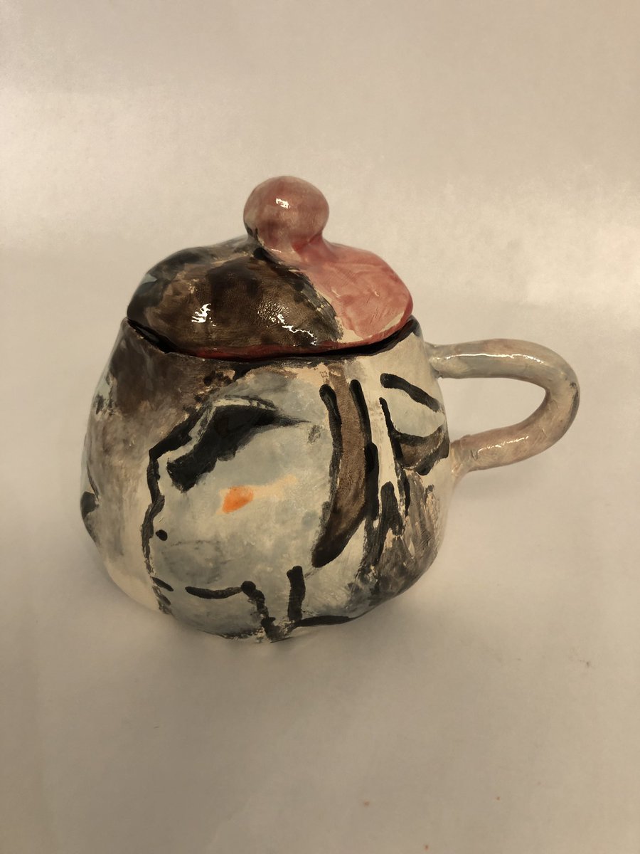 A N D R E  D. - 
Sophomore Andre created this hand-glazed portrait on his lidded pinch pot in Ceramics I.
#animeart #ceramics #handpaintedglaze  #liddedpinchpot #pinchpot #clay #EHHS #highschoolart #highschoolceramics