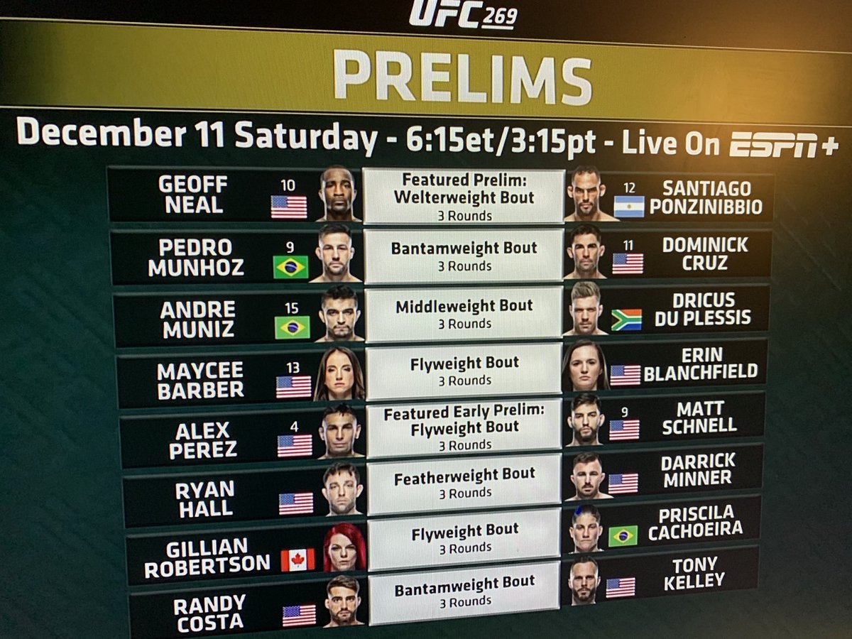 Here’s the #UFC269 main card and prelims. Ridiculous card for the final PPV of 2021