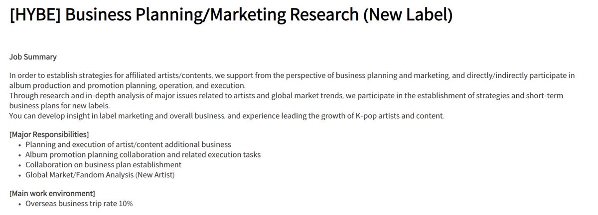 BTSARMYJobBoard's tweet photo. Hi ARMYs! π @HYBEOFFICIALtwt is hiring for Business Planning/Market Research (New Label) π
Practice wisdom while applying.
https://t.co/DL9lTi30vg
#BAJBSouthKorea #BAJBBusiness #BAJBResearch
*Rough translation via google translate https://t.co/lONkOzVWDl