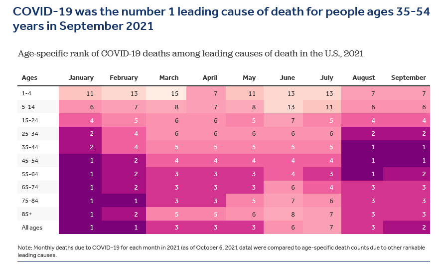 annezinkmd's tweet photo. I think this is what has been so heartbreaking in the emergency department these days, with this surge, COVID has become the leading cause of death for those 35-54. 
https://t.co/GQBEKpG2FI https://t.co/KzbBcSlhtl