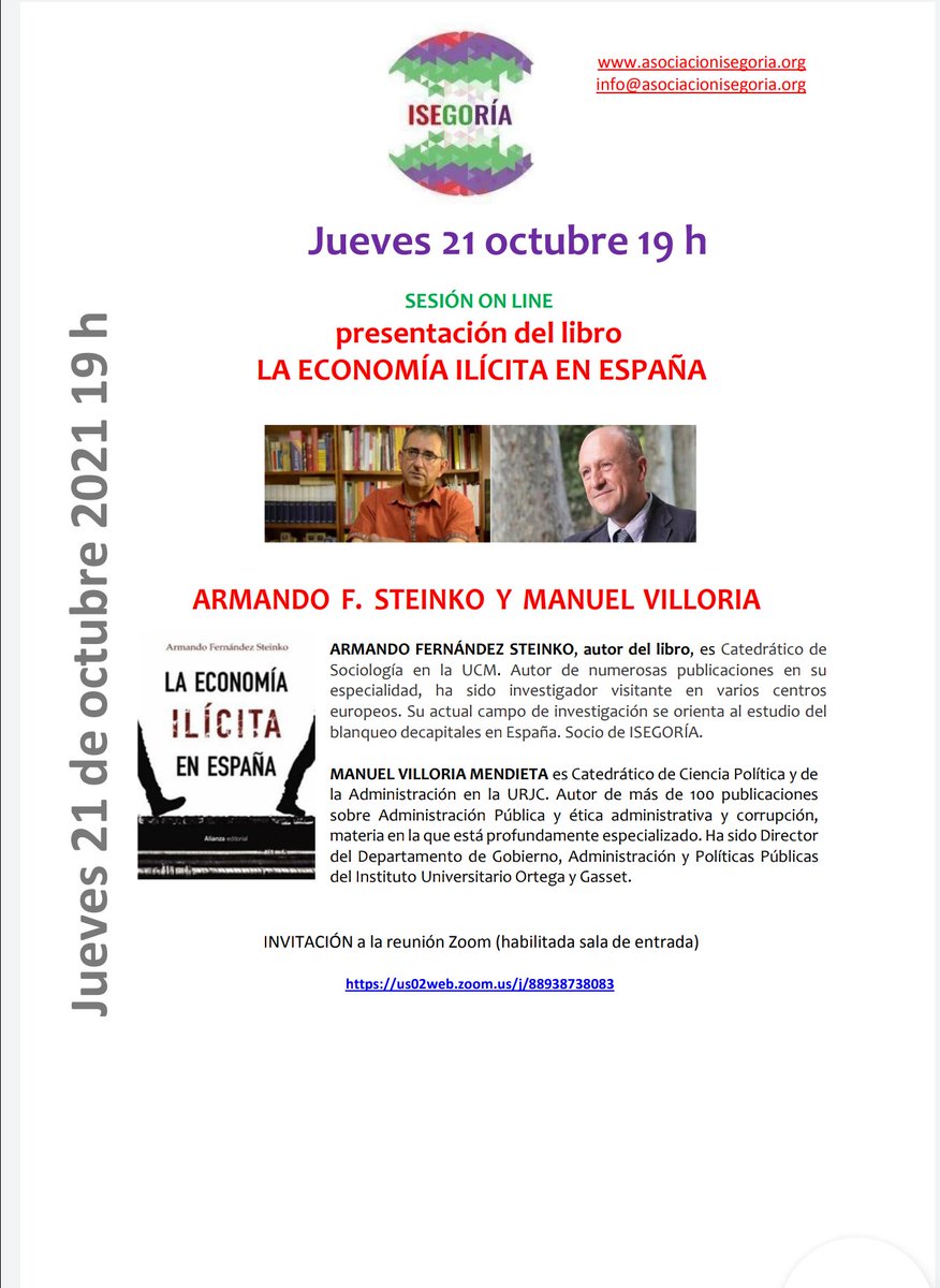 ASOC_ISEGORIA's tweet photo. Apreciados amigos y amigas de #ISEGORÍA. Os remitimos convocatoria del acto 'on line' que tendrá lugar el próximo jueves día 21 de octubre. Os esperamos. Saludos.

INVITACIÓN a la reunión Zoom 
https://t.co/cXpM9TK7SF https://t.co/FC1EgMHNA3