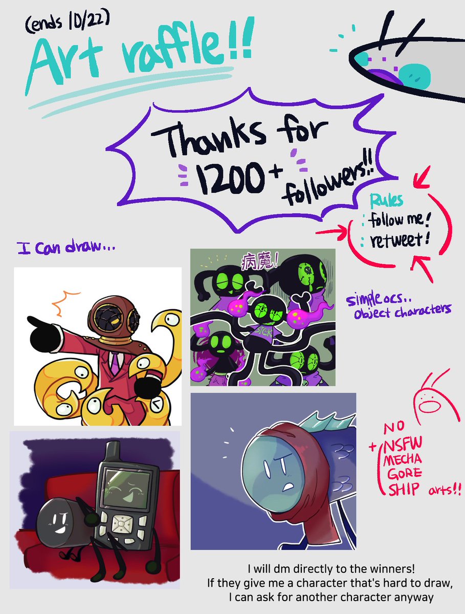 💜Art raffle !!💜

Thanks for 1200+ followers! I should've done this before, but I want to do it now sdjfdsf
(📢you need to follow me+rt this tweet!)

I will dm to 2~4 winners around October 25th :]