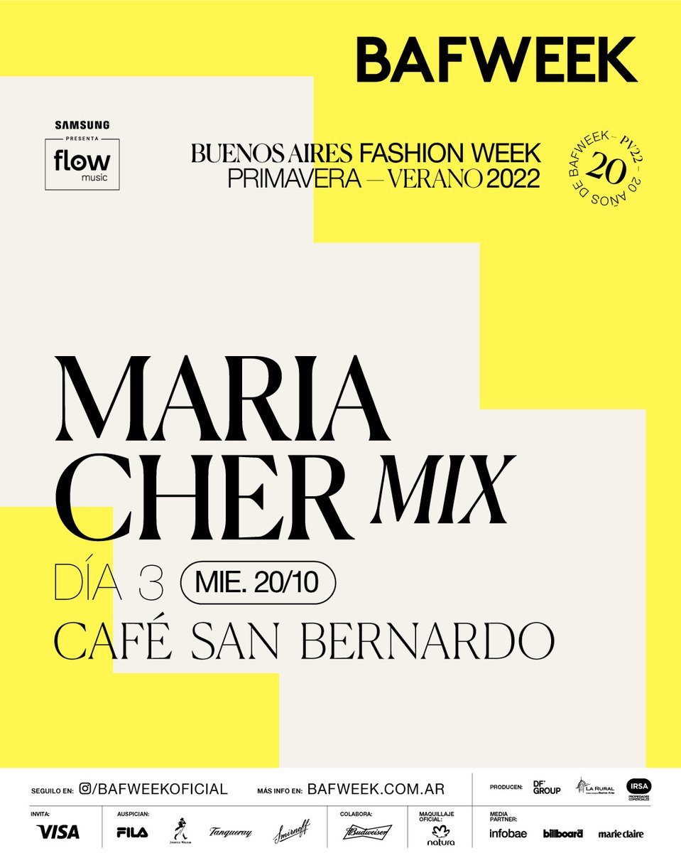 👋¡Hola <a href="/MARIACHER/">Maria Cher.</a> MIX ¡Bienvenid@s a #BAFWEEK! Estamos listos para recibir su versatilidad y espontaneidad este miércoles 20/10 en Café San bernardo. ¡Quedate atento a las redes sociales de #BAFWEEK y <a href="/MARIACHER/">Maria Cher.</a> MIX en Instagram!