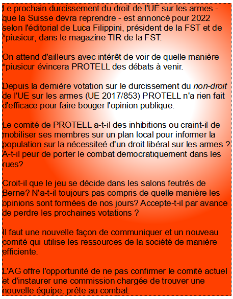 Le comité de <a href="/protell_ch/">PROTELL</a> doit être remplacé. Des personnalités volontaires doivent mener pied à pied ce combat pour les droits libéraux des propriétaires d'armes et des tireurs.
<a href="/udcvr64/">Jean-Luc Addor</a> <a href="/swissshooting/">swissshooting</a> <a href="/piusicur/">piusicur</a> <a href="/lenouvelliste/">Le Nouvelliste</a> <a href="/24heuresch/">24 heures</a> <a href="/tdgch/">Tribune de Genève</a> <a href="/Forum_RTS/">Forum (compte archivé)</a>