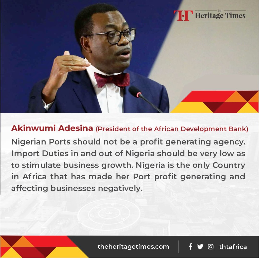 TheHTAfrica's tweet photo. 'Import duties in and out of Nigeria should be very low, to help stimulate business growth' - Dr Akinwumi Adesina
.
.
.
.
.
#THT #TheHeritageTimes #development #Africa #afbd #Business @AfDB_Group @wto @nimasaofficial @nigerianports @akin_adesina @IMOHQ @ProfOsinbajo https://t.co/LQAVvGhXZc
