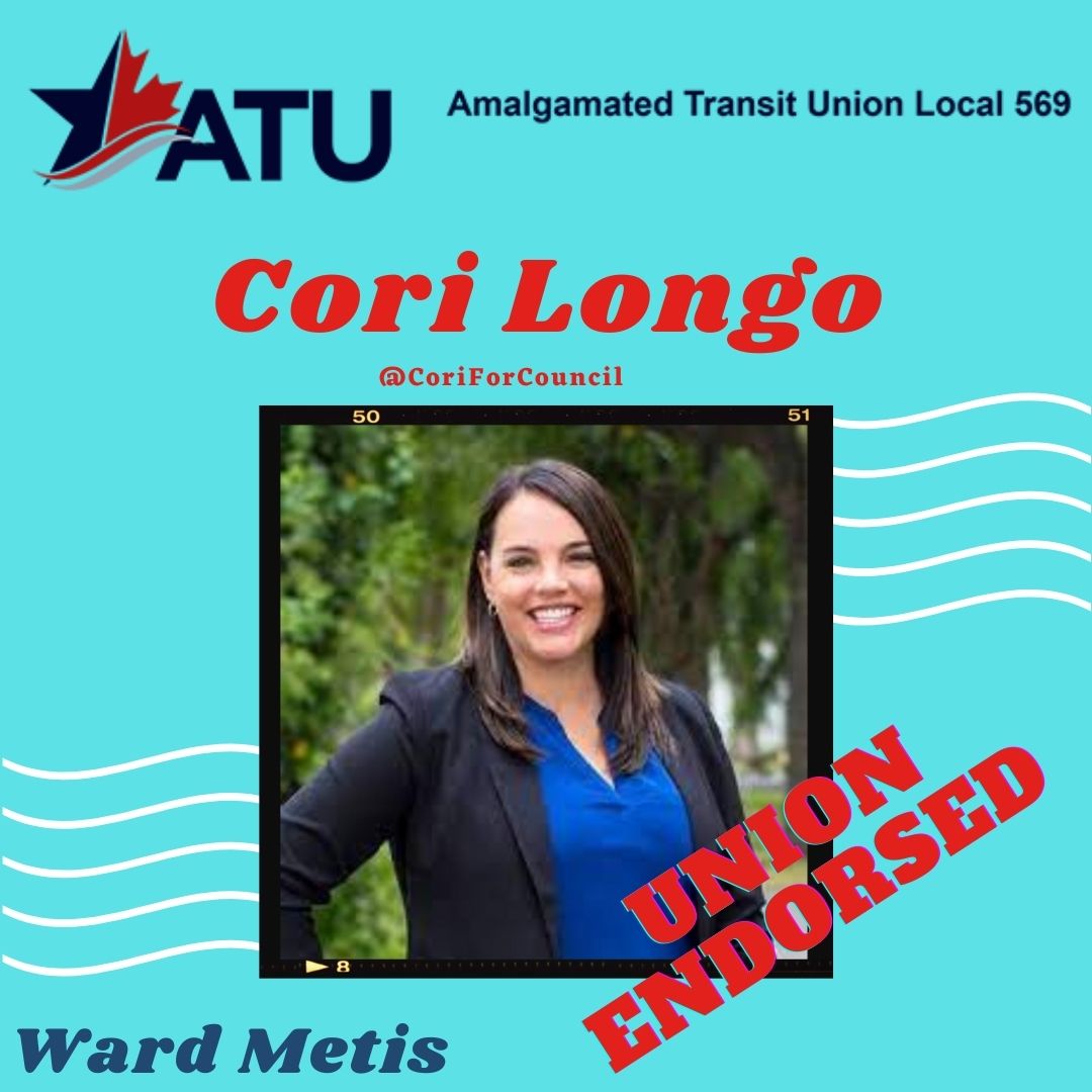 ATU Local 569 is proud to endorse @CoriForCouncil for City Council in Ward Metis (MAY-TEA).
Fresh from her work as the Alberta Rep for the Canadian Labour Congress, Cori is a real-life labour activist. 

Looking for your ward or where to vote? Check here:  ow.ly/zOfr50GoHl4