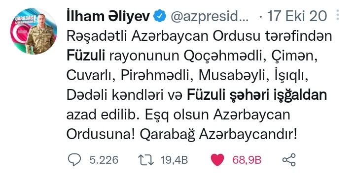 | #Füzuli 'nin işğaldan azad edilməsindən artıq 1 il ötür! 🇦🇿✌✊🐺
#Tarixdəbugün
#QarabağAzərbaycandır