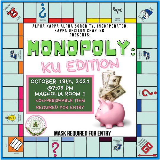 ku_akas1908's tweet photo. Join us Monday, October 18th @ 7:08pm in the UC Magnolia room 1 for Monopoly: KU Edition !! Click the link to RSVP. This event has a 40 person max, Skee You There💕💚💕💚
https://t.co/kmljHja0yp https://t.co/3Ygl2oid4S