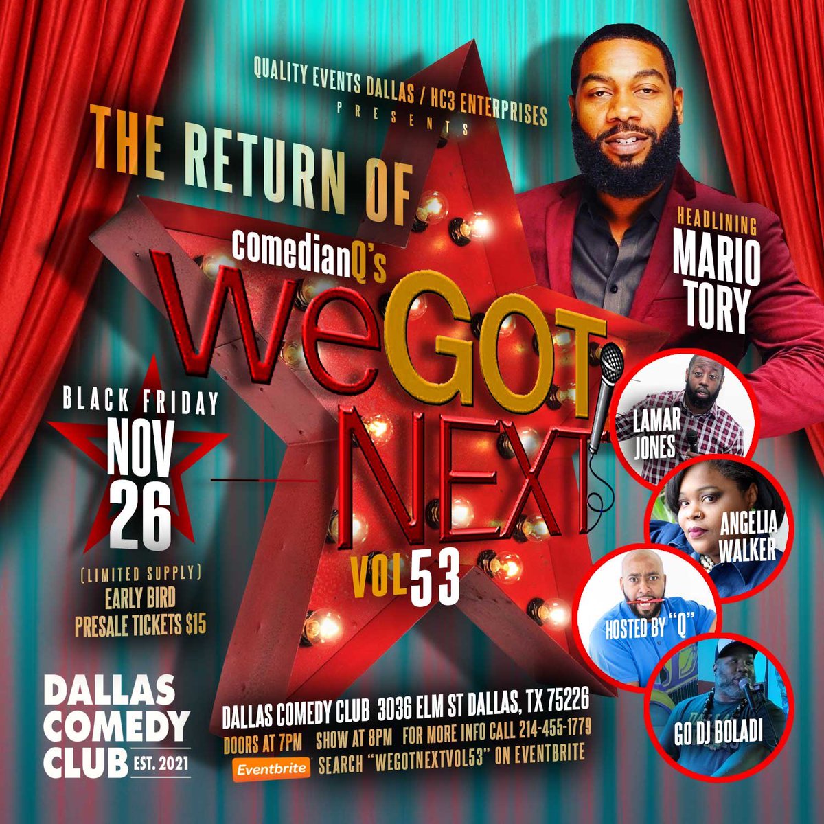 Back at it!!! Comedian Q’s We Got Next Comedy Series Vol. 53 Friday November 26th @dallascomedyclub 

wegotnextvol53.eventbrite.com