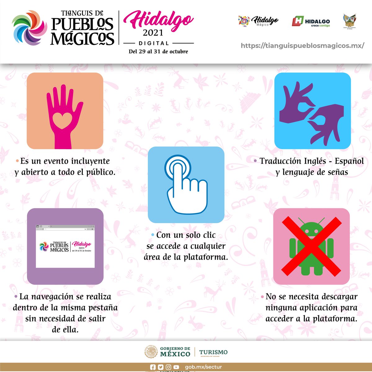 La plataforma digital del #TianguisPueblosMágicos 2021 estará activa del 29 al 31 de octubre y 365 días después.
Podrás acceder desde cualquier dispositivo, computadora 💻 o celular 📱.
¡No hay excusa para perdete este magno evento!

#HidalgoMágico 

@hgotravel