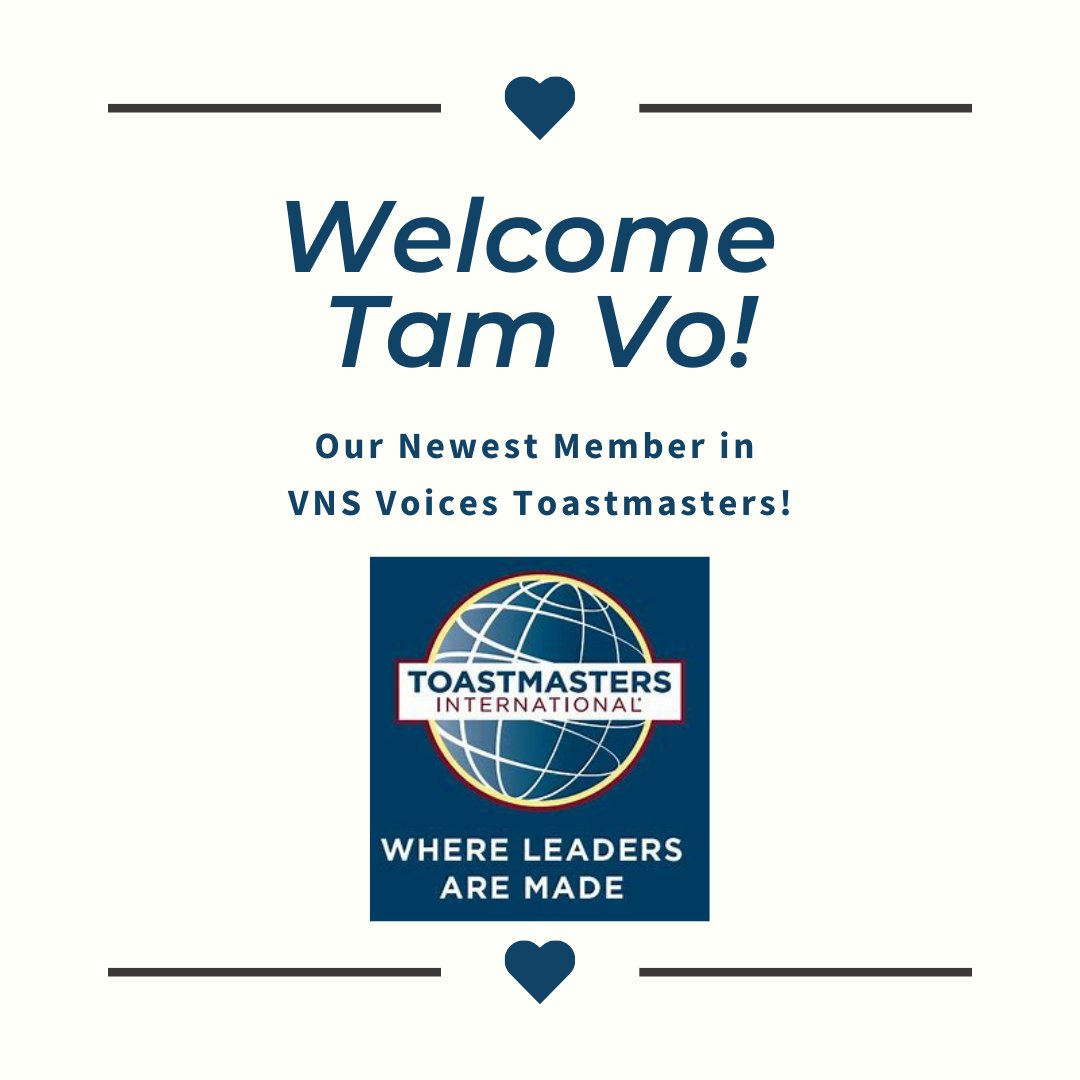 🤝Welcome our newest member Tam Vo! 📆Join us on the 2nd, 3rd, and 4th Wednesday of each month on Zoom! 💻Register once on the Zoom link to gain access to all meetings for the next 12 months. 👉Zoom link on the home page of our newly created website 798310.toastmastersclubs.org