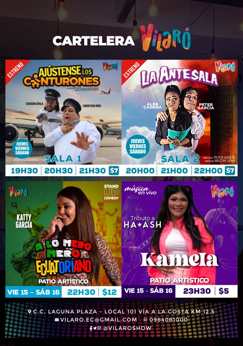gentilefusion's tweet photo. Hoy en @vilaroshow Restaurante a la carta, MICROTEATRO, Stand UP con Katty García, Tributo a Ha Ash y más música, para vivir un Sábado diferente. Reserva y compra anticipada al Whataspp 0984081000. https://t.co/IXTGLdYPrh