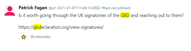 TheCraneReport's tweet photo. #HARTleaks 
2021-01-07 
Patrick Fagan
"#hart-recruitment
Is it worth going through the UK signatories of the GBD and reaching out to them?"

#GreatBarringtonDeclaration #CollateralGlobal #GlobalCollateral #CollateralDamage #APPGPandemic https://t.co/qGxiAQfYFP