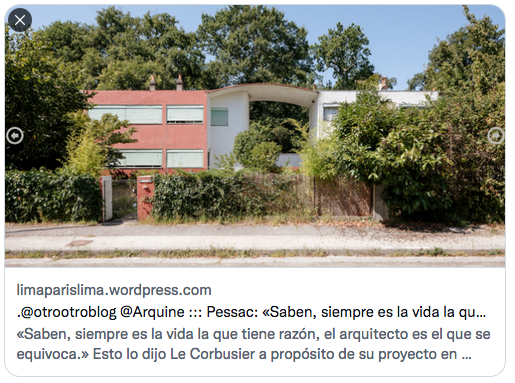 parislima's tweet image. .@Arquine ::: “Fui a #Pessac preparada para lo #peor” escribe #Huxtable. “Todo lo que había oído me llevaba a esperar un #experimento_fallido y un #desastre_estético (#esthetic_slum), un testamento del #fracaso (#miscarriage) del #movimiento_moderno...
limaparislima.wordpress.com/2020/08/20/otr…