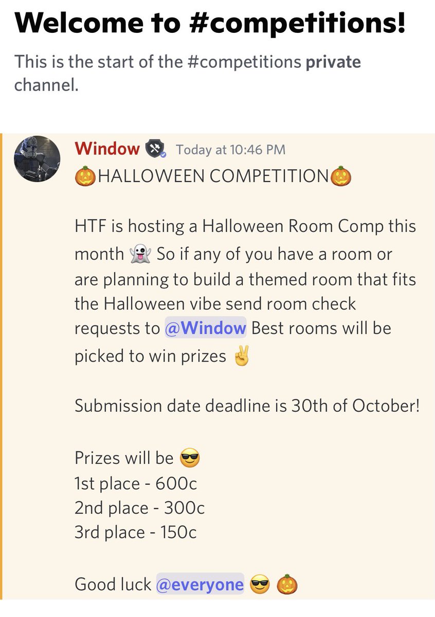 Habbo Trade Forum is hosting a room building comp for halloween! If you have a room you would like to submit join the server for a chance to win! 1st place is 600c, 2nd is 300 and 3rd is 150c 👻💗 <a href="/WindowPixel111/">Window</a> discord.gg/Nss2D9gD