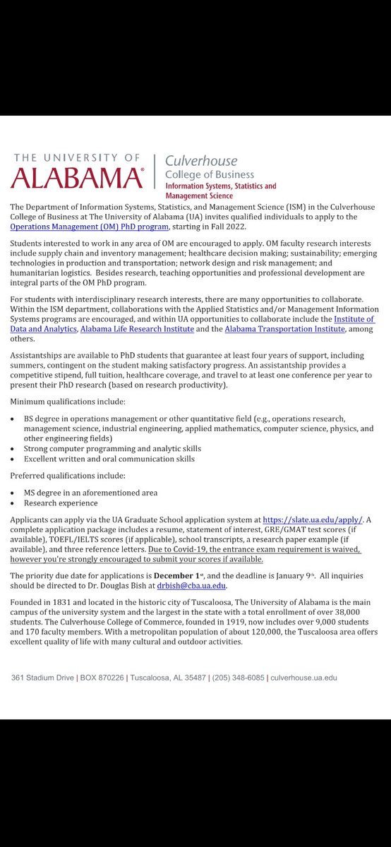 #UniversityofAlabama is seeking for #SupllyChain #PhDposition