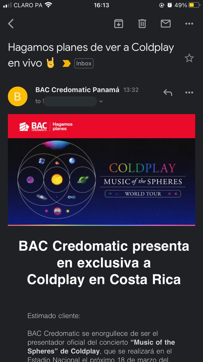natashaP12's tweet photo. Frrrreeeeen cuando @BacCredomaticPa sabe que amoooo @coldplay y me mandan este email 🤩🤩🤩🤩 #MusicOfTheSpheres  #MusicOfTheSpheresWorldTour https://t.co/d5BubaKrNY