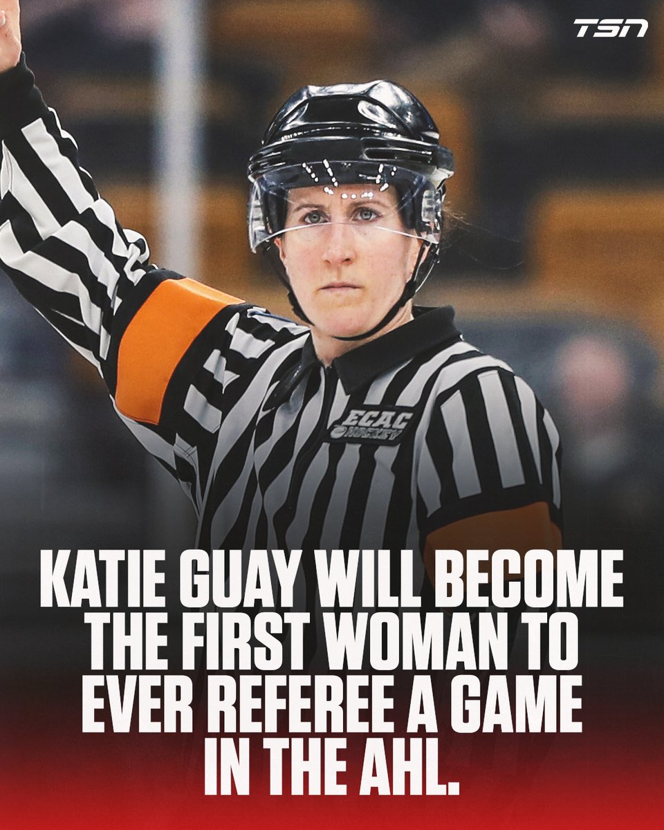 TSN_Sports's tweet photo. Katie Guay becomes the first woman to referee an AHL game, the first of ten who will do so this season. https://t.co/USVINRVGXJ