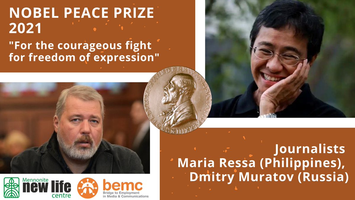 bridgingBEMC's tweet photo. BEMC congratulates new Nobel Peace Prize laureates – they are fellow journalists! 
Maria Ressa and Dmitry Muratov are receiving the Peace Prize for their courageous fight for freedom of expression in the Philippines and Russia. 
#BEMC #Journalists #nobelprize2021 https://t.co/FK6np7FSdK