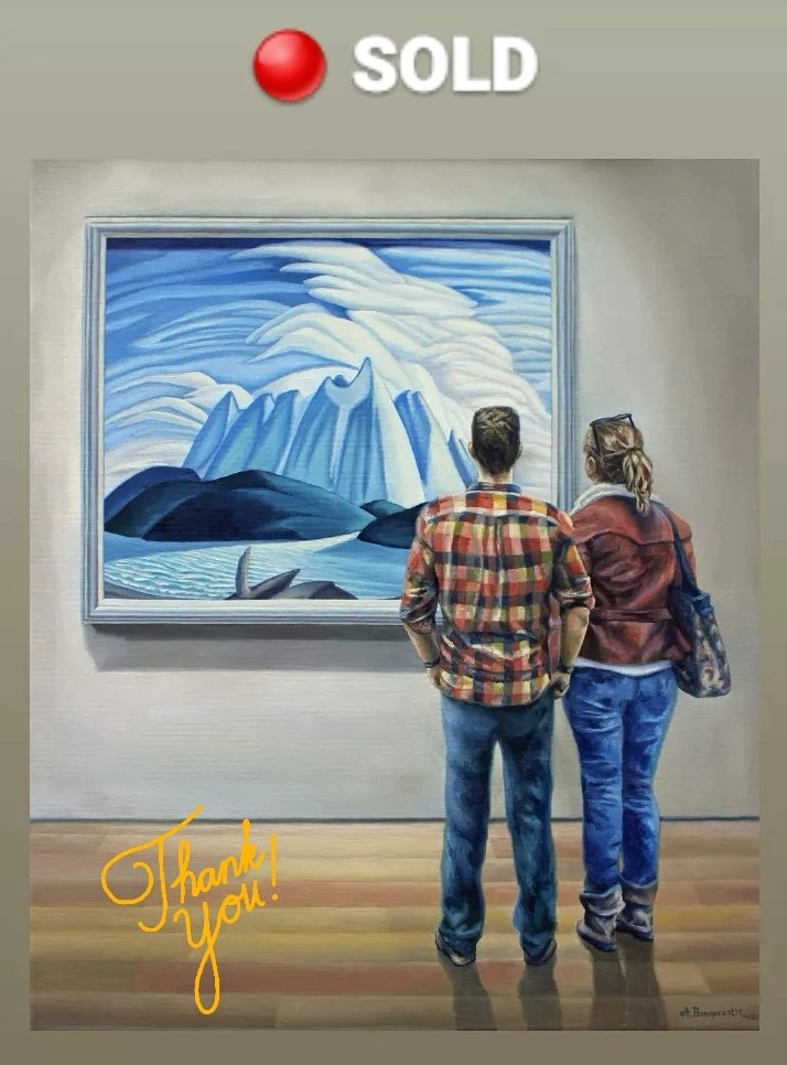 BonnycastleArt's tweet photo. 🔴 SOLD.  Spiritual Heights is off to a new home.  A couple at the Art Gallery of Ontario pause to view the 1928 painting Lake and Mountains by Group of Seven artist Lauren Harris.
#canadianart #painting #artist #oilpaint #art #lawrenharris #groupofseven #artgalleryofontario #ago https://t.co/115yXRDvm4