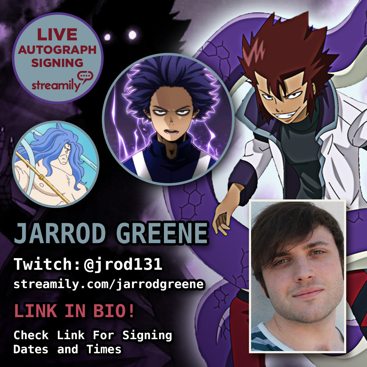 StreamilyLive's tweet photo. Mark your calendars! @BuffaloBuffalo, best known for his awesome VO work on #MyHeroAcademia, #ShowByRock, #FairyTail, #BlackClover, #OnePiece, #Overlord &amp; #DivineGate, will be signing autographs on livestream Nov. 14 on Twitch! Grab your print today at https://t.co/B6cZQcR01w https://t.co/ENtF2zwVGo