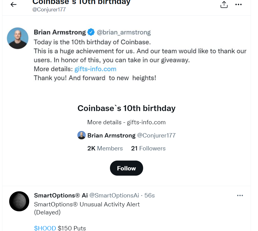 cdbuckler's tweet photo. Lol somehow I got looped into a scammy twitter list for someone impersonating @brian_armstrong @coinbase https://t.co/i5acofMeYL