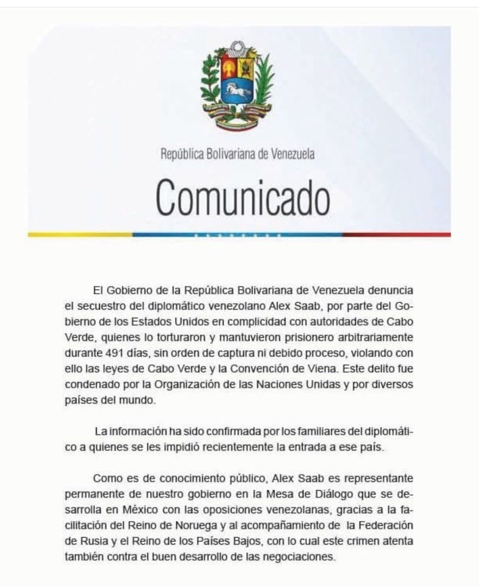 SeedinAnz's tweet photo. @luchaalmada15  #16deOct- Repost// Urgente 🚨Venezuela acusa a EEUU Y Cabo verde por el secuestro del diplomático Venezolano Alex Saab.
#EEUUsecuestroaAlexSaab
#JuntosSomosMás
#ExcelenciaEducativaMilitar
#FormaciónParalaSoberaniaNacional https://t.co/gz14oDq0vY