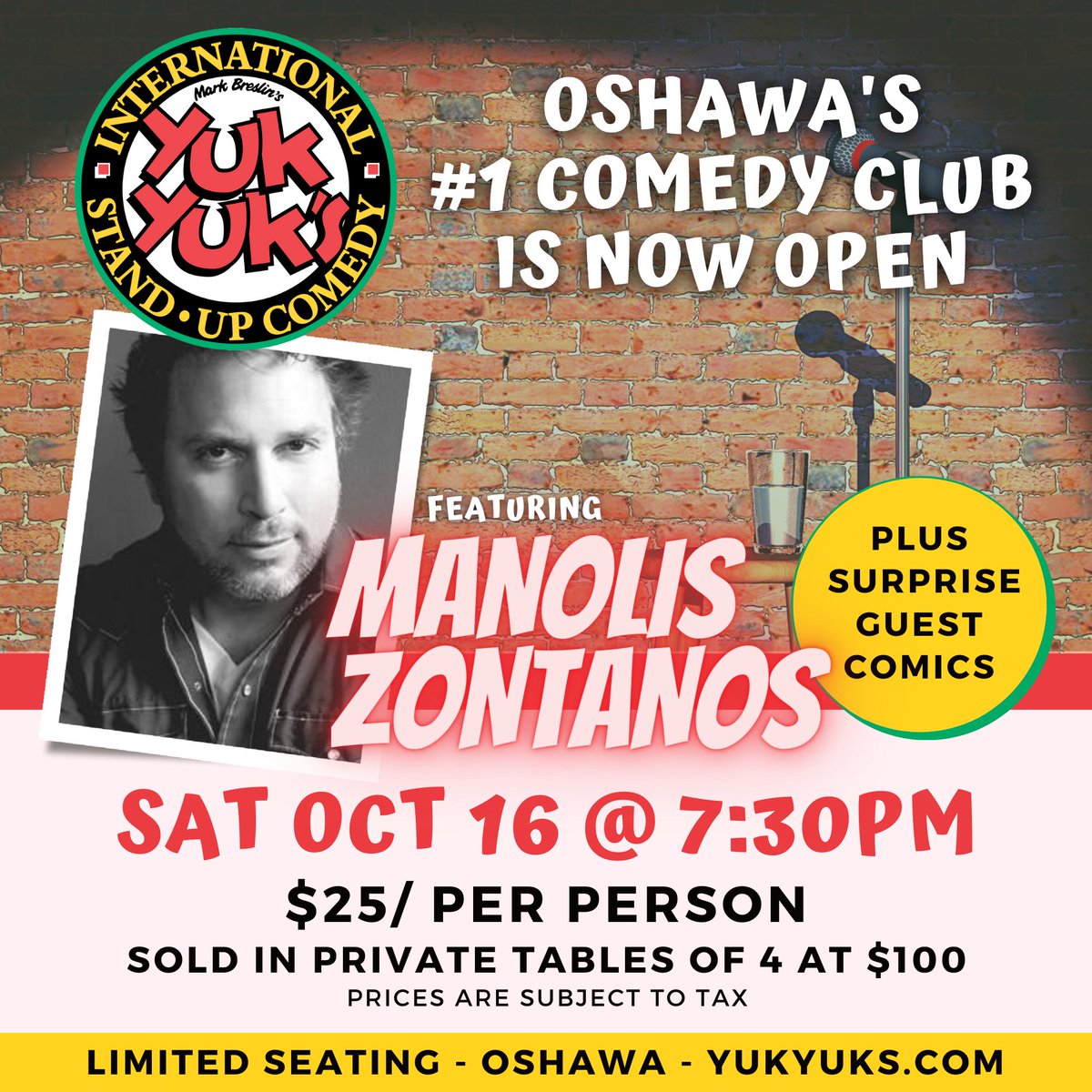 ONLY 3 TABLES LEFT FOR TONIGHT'S SHOW. Buy your tickets online or at the door: yukyuks.com/Oshawa.

#Oshawa #Durham #ComedyClub #YukYuks
