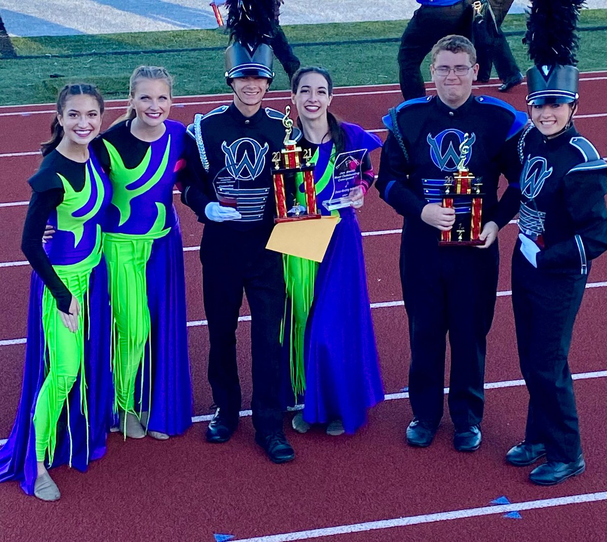 olathewestband's tweet photo. Congratulations to the Olathe West Marching Band on an outstanding day at the Odessa Marching Invitational! The OWMB earned 1st place in the Black Class, 1st place Indoor Percussion, as well as overall Best Drum Majors, Color Guard, and Percussion! Way to go, Owls! https://t.co/oX6LZeIDZw