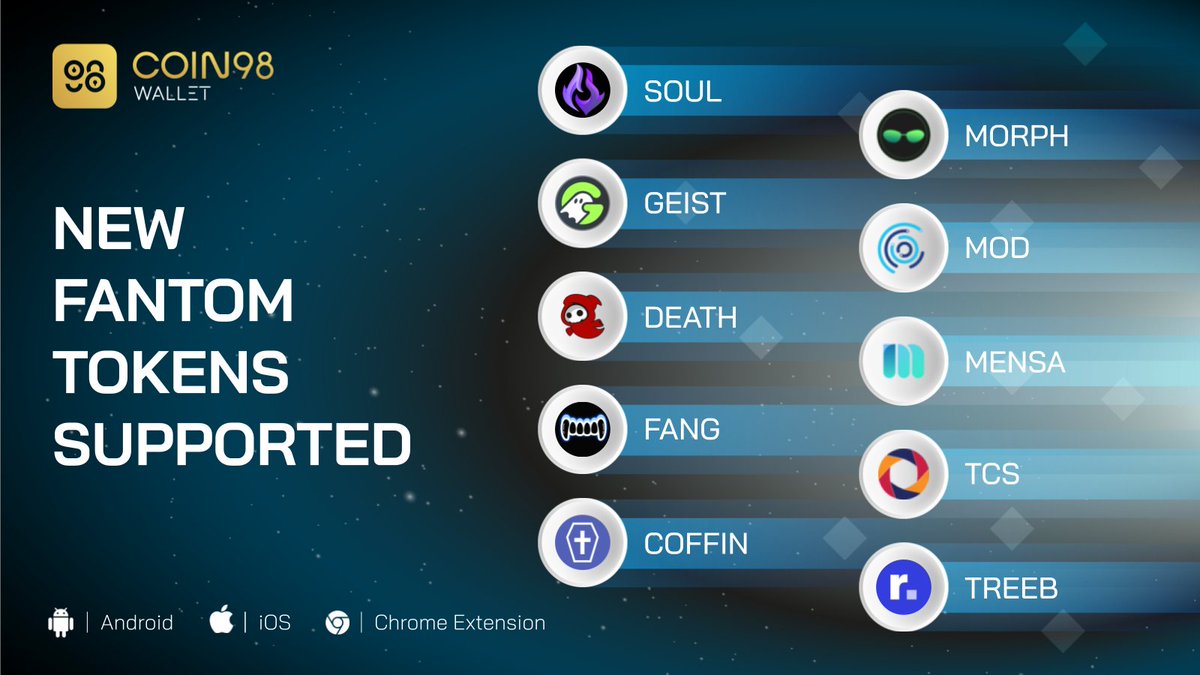 Chill out and meet the new friends from <a href="/FantomFDN/">Fantom Opera</a> ecosystem on #Coin98Wallet this weekend 🥳

$SOUL $GEIST $DEATH $FANG $COFFIN $MORPH $MOD $MENSA $TCS $TREEB

Which tokens are you excited about the most? 🤩
