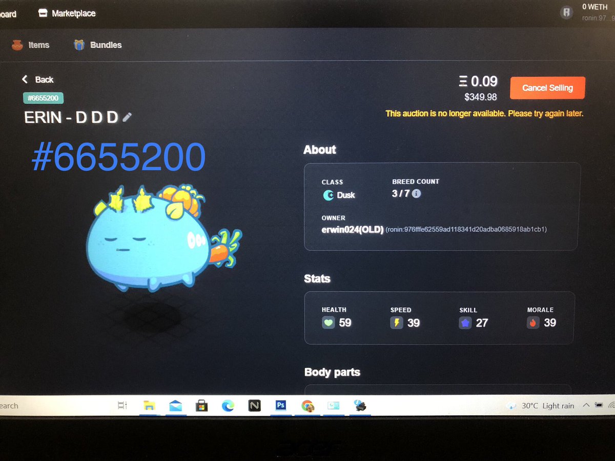 LitanErwin's tweet photo. @SkyMavisHQ erwin024

ronin:976fffe62559ad118341d20adba0685918ab1cb1

My axie #6655200 is stuck and can’t cancel selling. https://t.co/p73VxwFznj