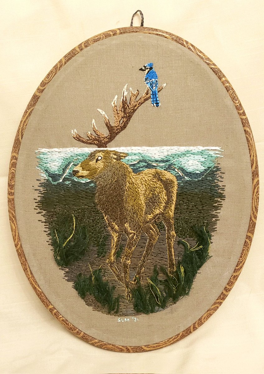 Well, here he is folks. Now I just need to decide if he stays with me or gets rehomed.

#embroidery #NeedlePainting #deer #BlueJay