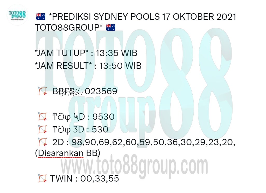 GroupToto88's tweet photo. 🇦🇺 *PREDIKSI SYDNEY POOLS 17 OKTOBER 2021 TOTO88GROUP* 🇦🇺 https://t.co/Bwe5Hv9DSz