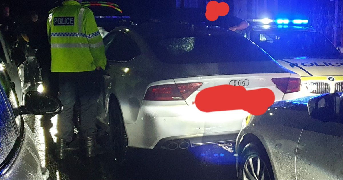 gmptraffic's tweet photo. This stolen Audi S7 was spotted on the #M60 by #XTS8 having been taken from the Nelson area earlier. Followed by GMP #RPU patrols along the #M61 and joined by @LancsRoadPolice where the vehicle was stopped in Blackburn. 2 arrested.#teamwork #noborders @NWmwaypolice https://t.co/Zs5lZgmgB2