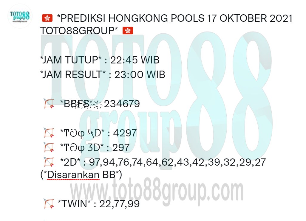 GroupToto88's tweet photo. 🇭🇰 *PREDIKSI HONGKONG POOLS 17 OKTOBER 2021 TOTO88GROUP* 🇭🇰 https://t.co/TqQCvFP2vX