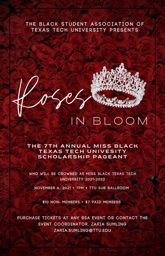 Miss Black TTU is BACK and we’ve got some new girls competing for the title of MBTTU 2021- 2022! 💃🏾

TICKETS ARE CURRENTLY ON SALE! More about the pricing, date, time, &amp; location below on the flyer! 💸

*ALSO dinner WILL be provided😌*