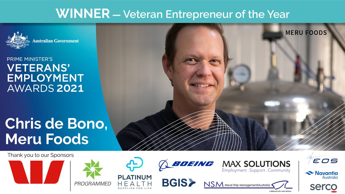 The Veteran Entrepreneur of the Year is Chris de Bono of Meru Foods - Congratulations!
You can learn more about his inspiring transition from serving in the Navy to successfully running his premium Miso business here: veteransemployment.gov.au/winners-finali… 
#VeteransEmployment #PMVeteransAward